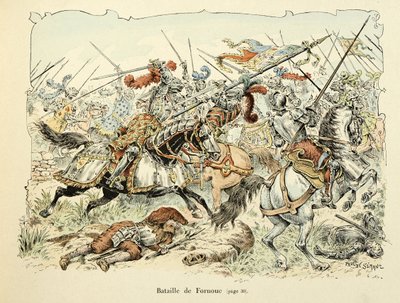 Illustration taget fra bogen "Histoire du chevalier Bayard" af Theodore Cahu, illustreret af Paul De Semant (1855-1915): Slaget ved Fornoua 1495 af Paul de Semant