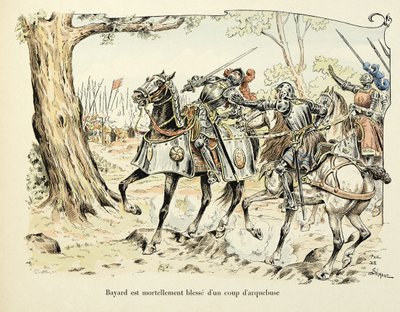 Illustration taget fra bogen "Histoire du chevalier Bayard" af Theodore Cahu, illustreret af Paul De Semant (1855-1915): Bayard sår dødeligt med et skud arkebuse 1524 af Paul de Semant
