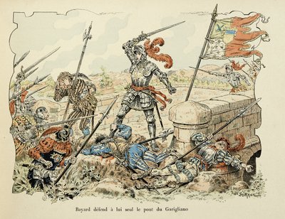 Illustration taget fra bogen "Histoire du chevalier Bayard" af Theodore Cahu, illustreret af Paul De Semant (1855-1915): Bayard forsvarer kun broen af Garigliano 1504 af Paul de Semant