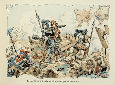Illustration taget fra bogen "Histoire du chevalier Bayard" af Theodore Cahu, illustreret af Paul De Semant (1855-1915): Bayard sår en Brescia understøttet af et lansquenet 1512 af Paul de Semant