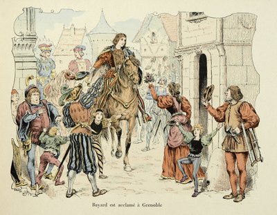 Illustration hentet fra bogen "Histoire du chevalier Bayard" af Theodore Cahu, illustreret af Paul De Semant (1855-1915): Bayard applaus i Grenoble af Paul de Semant