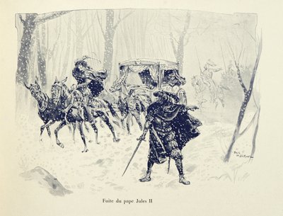 Illustration taget fra bogen "Histoire du chevalier Bayard" af Theodore Cahu, illustreret af Paul De Semant (1855-1915): Flight of Pope Julius II af Paul de Semant