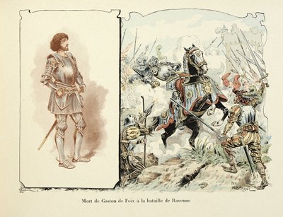Illustration taget fra bogen "Histoire du chevalier Bayard" af Theodore Cahu, illustreret af Paul De Semant (1855-1915): Death of Gaston de Foix (1489-1512) ved slaget ved Ravenna af Paul de Semant