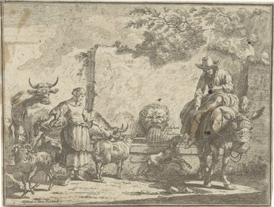 Kvinde og en mand på et æsel ved en vandkilde Pastorale landskaber (serietitel) af Paul van Somer (II)