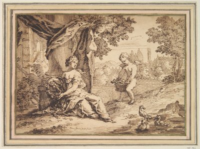 Kvinder siddende under søjle med Putto af Paul van Somer