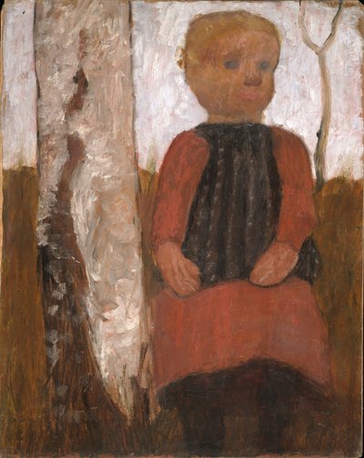 Barn i rød kjole på birkestammen af Paula Modersohn-Becker