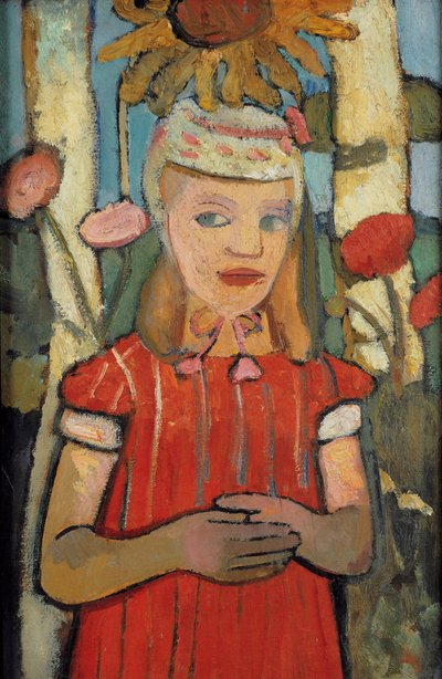 Pige i rød kjole foran solsikke, 1907. af Paula Modersohn Becker