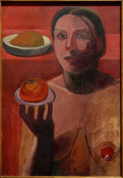 Halvnøgen af ​​en italiensk kvinde med en tallerken i den løftede hånd af Paula Modersohn Becker