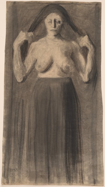 Halvnøgen kvinde, der holder sit hår fra hinanden af Paula Modersohn Becker
