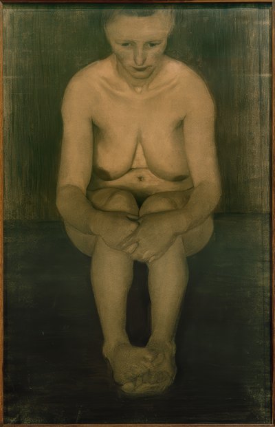 Siddende nøgen kvinde, frontal med fødder placeret oven på hinanden af Paula Modersohn Becker