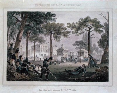 Tropper i Parc Royal, Bruxelles, 25. september 1830, indgraveret af Dewasme-Pletinckx (farve litho) af Paulus (after) Lauters