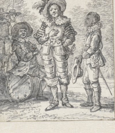 Design til en teatergruppeillustration: to stående figurer og en siddende figur af Paulus Constantijn la Fargue