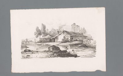 Udsigt over et hus beliggende ved en flod Principper for landskaber (serietitel) Principles de paysages (serietitel) af Paulus Lauters