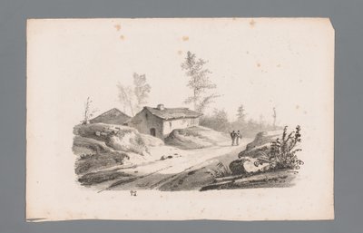Bakket landskab med landevej og huse Principper for landskaber (serietitel) Principles de paysages (serietitel) af Paulus Lauters