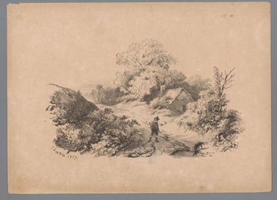 Landskab med mand og hund på en landevej Landscape Studies af Paulus Lauters (serietitel) Nouvelle suite de 40 études de paysages af P. Lauters (serietitel) af Paulus Lauters