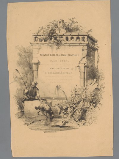 Mand med hund sidder på kanten af ​​et springvand Landscape Studies af Paulus Lauters (serietitel) Nouvelle suite de 40 études de paysages af P. Lauters (serietitel på objekt) af Paulus Lauters