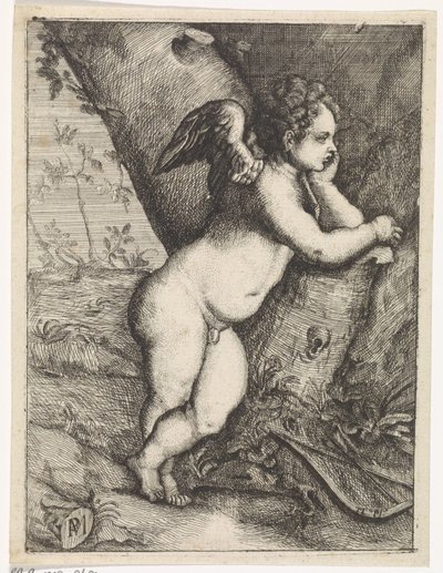 Amor funderer ved en træstamme af Paulus Moreelse