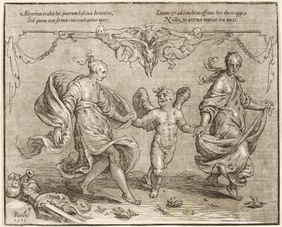 Amor danser med to allegoriske kvinder af Paulus Moreelse