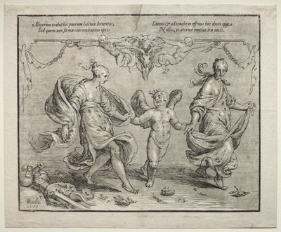 Amor danser med to allegoriske kvinder af Paulus Moreelse
