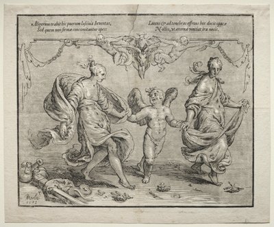 Amor danser med to allegoriske kvinder, 1612. af Paulus Moreelse