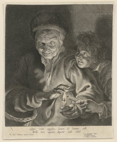 Gammel kvinde og dreng med et lys af Paulus Pontius