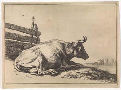 Liggende ko ved et hegn The Bullen-hæftet (serietitel) af Paulus Potter