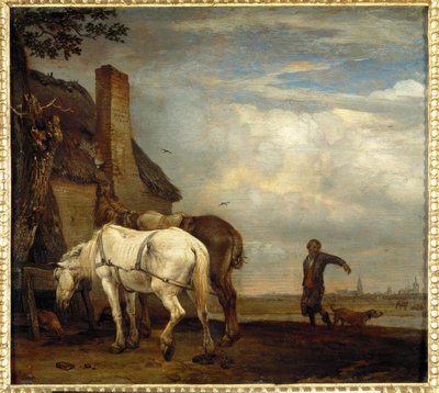 To heste foran en bondegårdshytte. af Paulus Potter