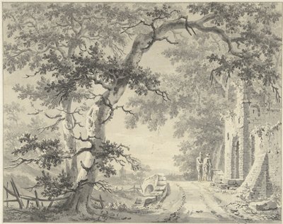 To figurer på en bro nær en ruin af Paulus van Liender