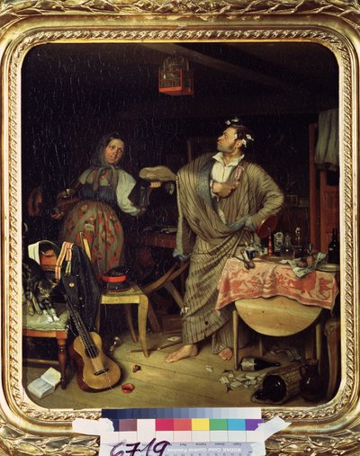 ""Jeg er en rytter! (eller morgenen for den nyudsmykkede officer) (Frisk Cavalier (morgen hvor en bureaukrat modtager sit første kors) En soldat i morgenkåbe bærer sin medalje stolt i den rodede lejlighed. Maleri af Pavel Fedotov (18) af Pavel Andreevich Fedotov