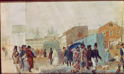 Gadebillede i regnen i Moskva. Værk af Pavel Andreyevich Fedotov (1815-1852), akvarel på papir af Pavel Andreevich Fedotov