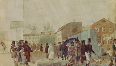 Gadescene i Moskva under regnen, 1837 af Pavel Andreevich Fedotov