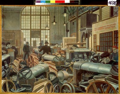 Traktor-samleværkstedet på Putilov-fabrikken (Sankt Petersborg, Rusland) (Traktor-samleværkstedet på Putilov-fabrikken). Maleri af Pavel Nikolayevich Filonov (1883-1941), olie på lærred af Pawel Nikolajewitsch Filonow