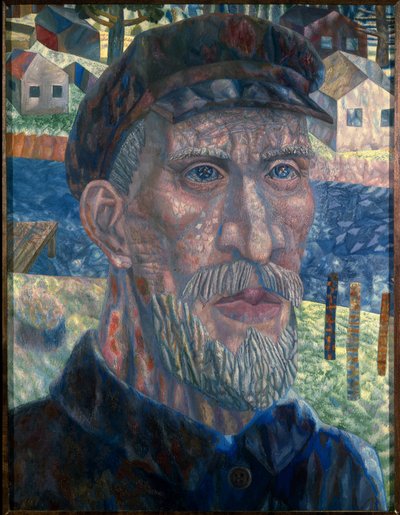 Medlem af en kolkhoz. (Medlem af Kolkhoz). Portræt af en landmand i USSR, i perioden med kollektiviseringspolitik, ledet af Joseph Stalins (Stalins) regering (Joseph Vissarionovich Djougachvili dit) (1879-1953), fra 1928 til 1940. Maleri af Pawel Nikolajewitsch Filonow