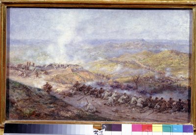 En scene fra den russisk-tyrkiske krig (1876-1878) (En scene fra den russisk-tyrkiske krig). Slagmarken på Balkan, hvor soldaterne fra den russiske hær og Det Osmanniske Rige støder sammen, under belejringen af ​​Pleven (eller Plevna, i Bulgarien), i 1877. af Pavel Osipovich Kovalevsky