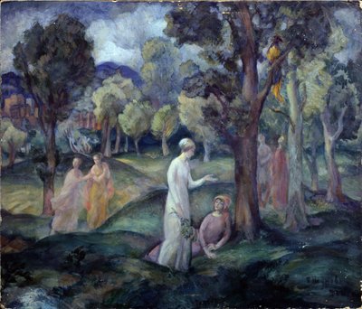 En tur gennem marker. (En tur gennem markerne). Fritidsscene, unge kvinder mellem træerne i bakkerne. Værk af Pavel Semyonovich Naumov (1884-1942), olie på pap af Pavel Semenovich Naumov