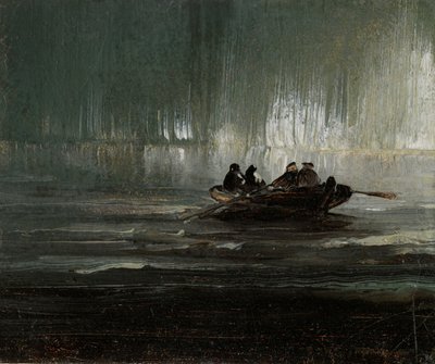 Nordlys over fire mænd i robåd af Peder Balke