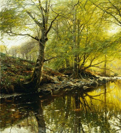 Et skovklædt flodlandskab af Peder Monsted