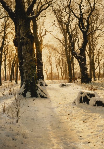 Et skovklædt vinterlandskab med hjorte af Peder Monsted