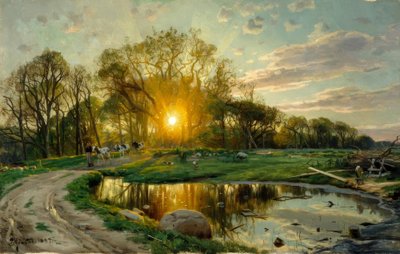 At bringe køerne hjem ved solnedgang af Peder Monsted