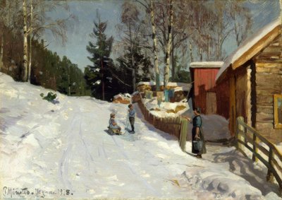 Børn leger på snedækkede landsbygade af Peder Monsted
