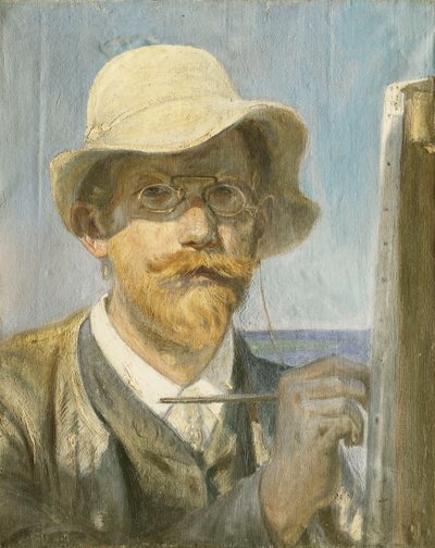 Et selvportræt af kunstneren med hoved og skuldre ved hans staffeli, af Peder Severin Krøyer