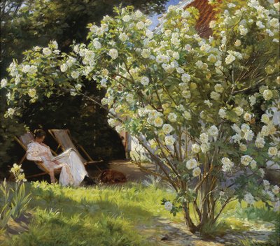 Roser. Marie Krøyer siddende i liggestolen i haven ved fru Bendsens hus af Peder Severin Krøyer