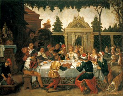Isaac og Rebeccas bryllupsfest, af en kunstner fra Pedro Orrente-skolen (1580-ca 1645) af Pedro (school of) Orrente