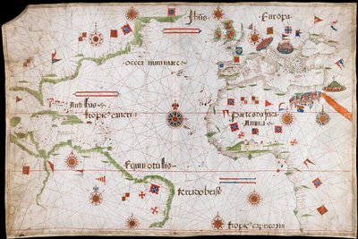 Kort over Atlanterhavet, Middelhavet og Sortehavet, ca. 1535 (pergament, papir) af Pedro Reinel