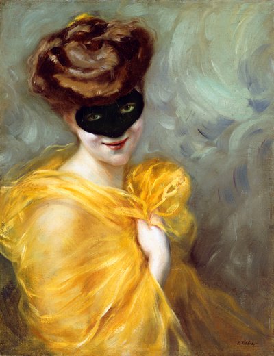 Portræt af en dame med en maske (olie på lærred) af Pedro Ribera