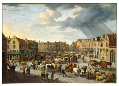 Det gamle oksemarked i Antwerpen (olie på lærred) af Peeter van Bredael