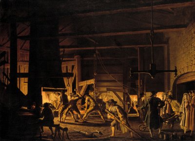I Anker-smedjen ved Soderfors. The Smiths Hard at Work (olie på lærred) af Pehr Hilleström