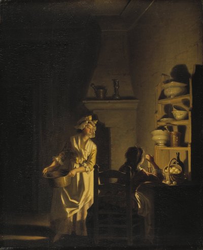 Le test des oeufs, interiør de cuisine - Test af æg. Interiør af et køkken, af Hillestrom, Pehr (1732-1816). Olie på træ. Mål: 39x32 cm. Nationalmuseum Stockholm af Pehr Hilleström