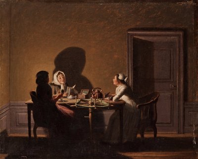 Læsning ved stearinlys, af Hillestroem, Pehr (1732-1816). Olie på lærred, størrelse: 41,5x51,5, , Privat samling af Pehr Hilleström