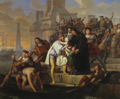 Christopher Columbus omfavner sine to sønner og anbefaler dem til far Giovanni Perez, inden han forlader Palos på rejsen for at opdage Amerika af Pelagio Palagi